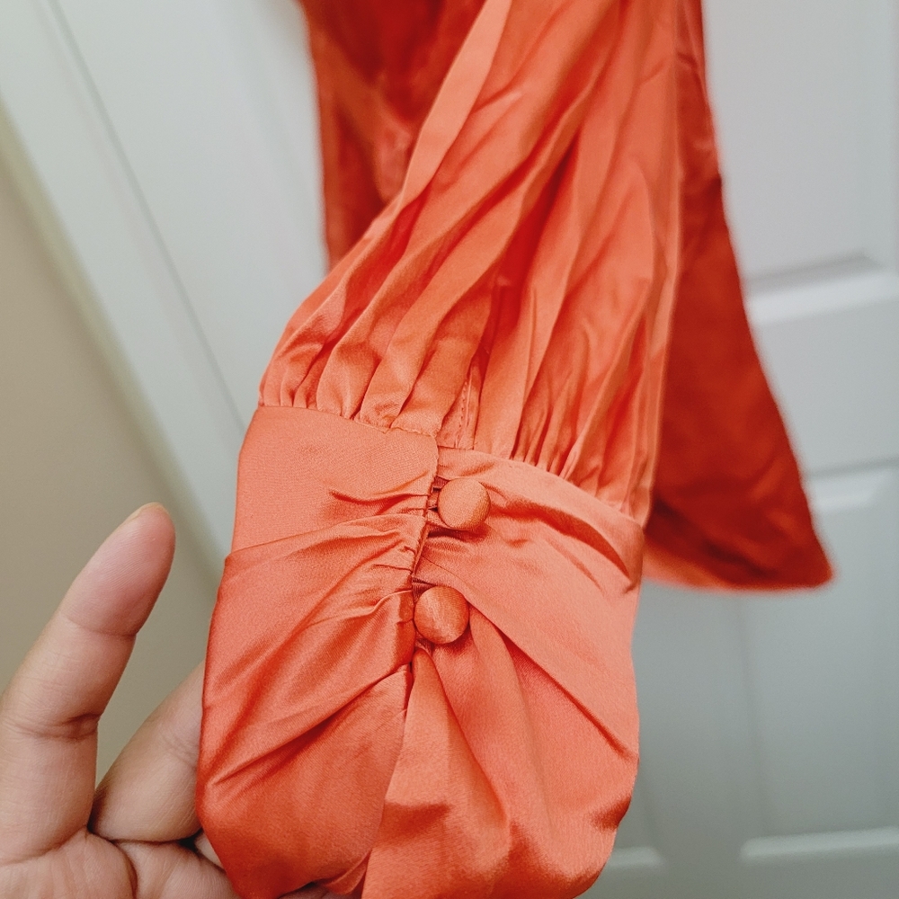 Cinq à Sept Stace one shoulder padded silk blouse in Neon Coral - Picture 5 of 10